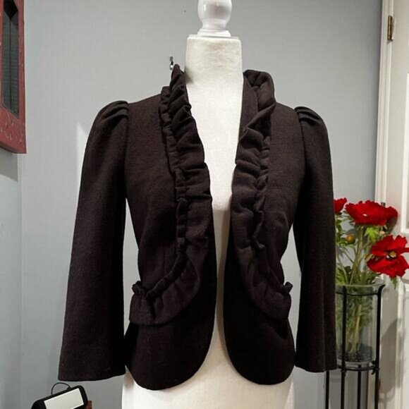 NEW ANTHRO x Elevenses Wool Tailored Ruffle Standing Double Collar Jacket 0 NWOT - Picture 15 of 16